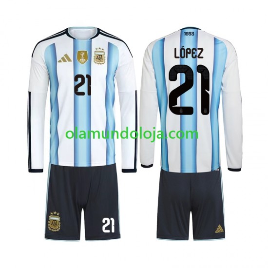 Camisola Argentina Jose Manuel Lopez 21 Criança Equipamento Primeiro Copa do Mundo 2026 Manga Comprida